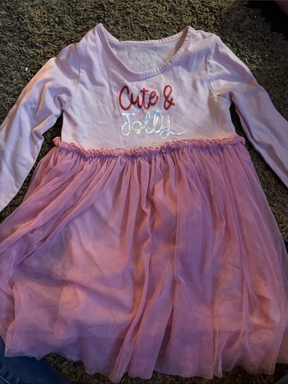 okie dokie Pink Long-Sleeve Tulle Dress with Glitter Script